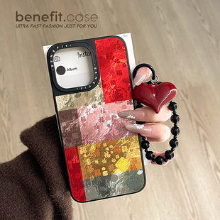 benefit新年彩色拼接百福图带爱心小珠手链17适用于iphone16promax苹果15PRO磁吸手机壳13新款 14冰川纹12防摔
