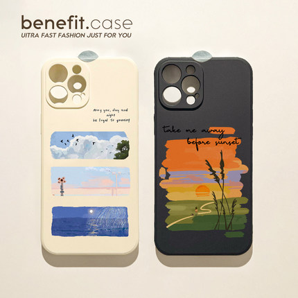 benefit油画晚霞海边风景17适用于iphone16promax苹果15PRO手机壳13新款14套12创意11全包xsmax硅胶xr防摔8p