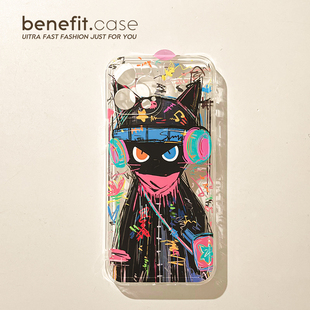 benefit油画小黑猫个性 12套11创意xsmax透明xr硅胶8p7p 17pro16适用iphone15promax苹果13手机壳14promax新款