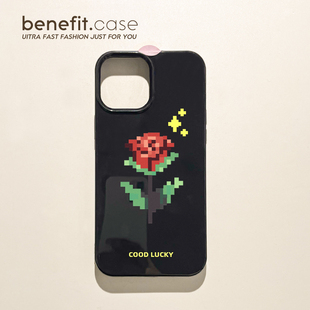 benefit简约黑底像素玫瑰17适用于iphone16promax苹果15PRO手机壳13新款 14套12创意11软壳xsmax硅胶xr防摔8p
