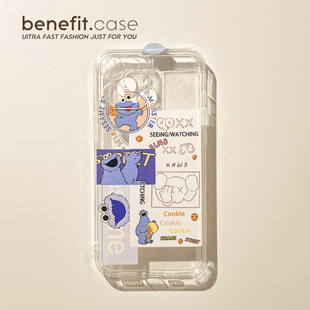 Benefit潮牌ins创意芝麻街标签17pro16适用15苹果13promax手机壳iphone12mini新14promax透明11xs硅胶xr女8p