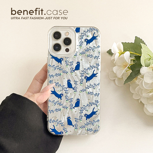 benefit蓝色清新小花猫咪17适用于iphone16promax苹果15PRO手机壳13新款 11羽纱xsmax硅胶xr防摔8p 14套12个性