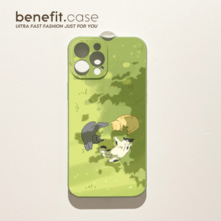 benefit治愈插画草地午睡猫咪17适用于iphone16promax苹果15PRO手机壳13新款 14套12创意11全包xsmax硅胶xr防