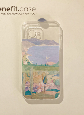 Benefit简约油画海边17pro16适用15苹果13promax防摔手机壳iphone12mini软14promax套11 xsmax全包xr透明8p7