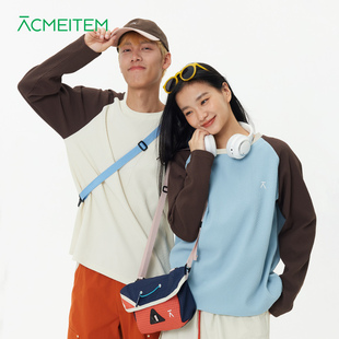 ACMEITEM爱棵米 运动亲子拼色华夫格圆领长袖T恤休闲宽松卫衣男女