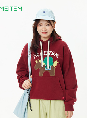 ACMEITEM爱棵米 新年款小马贴布绣连帽卫衣红色宽松长袖上衣男女