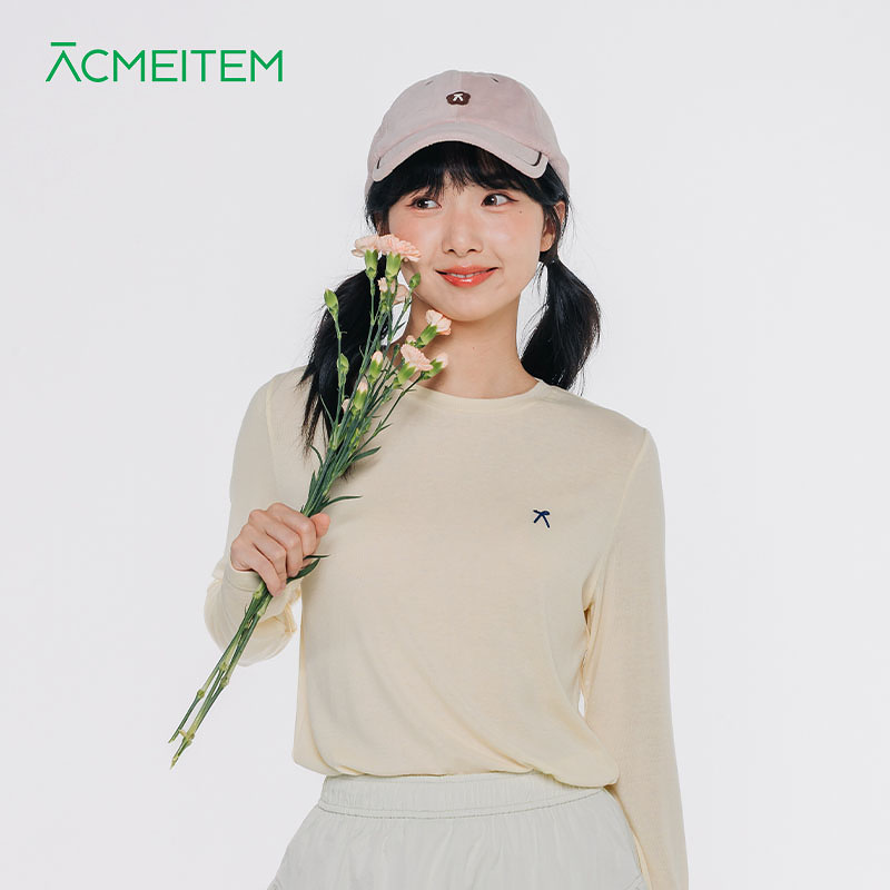 ACMEITEM爱棵米 休闲运动针织长袖T恤简约纯色合身打底衫上衣女士