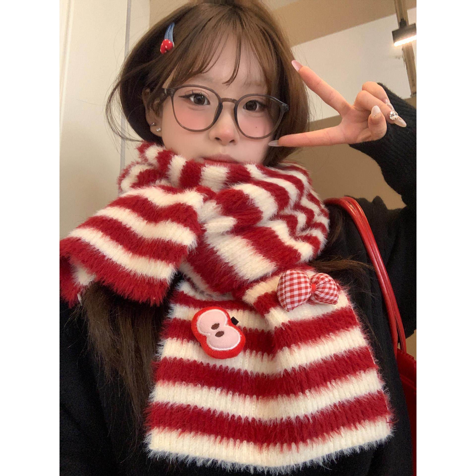 红色条纹蝴蝶结苹果毛绒针织围巾女秋冬季学生加厚氛围感防寒围脖,服饰配件/皮带/帽子/围巾,围巾/丝巾/披肩,淘宝优惠券,粉丝福利购,淘宝优惠卷