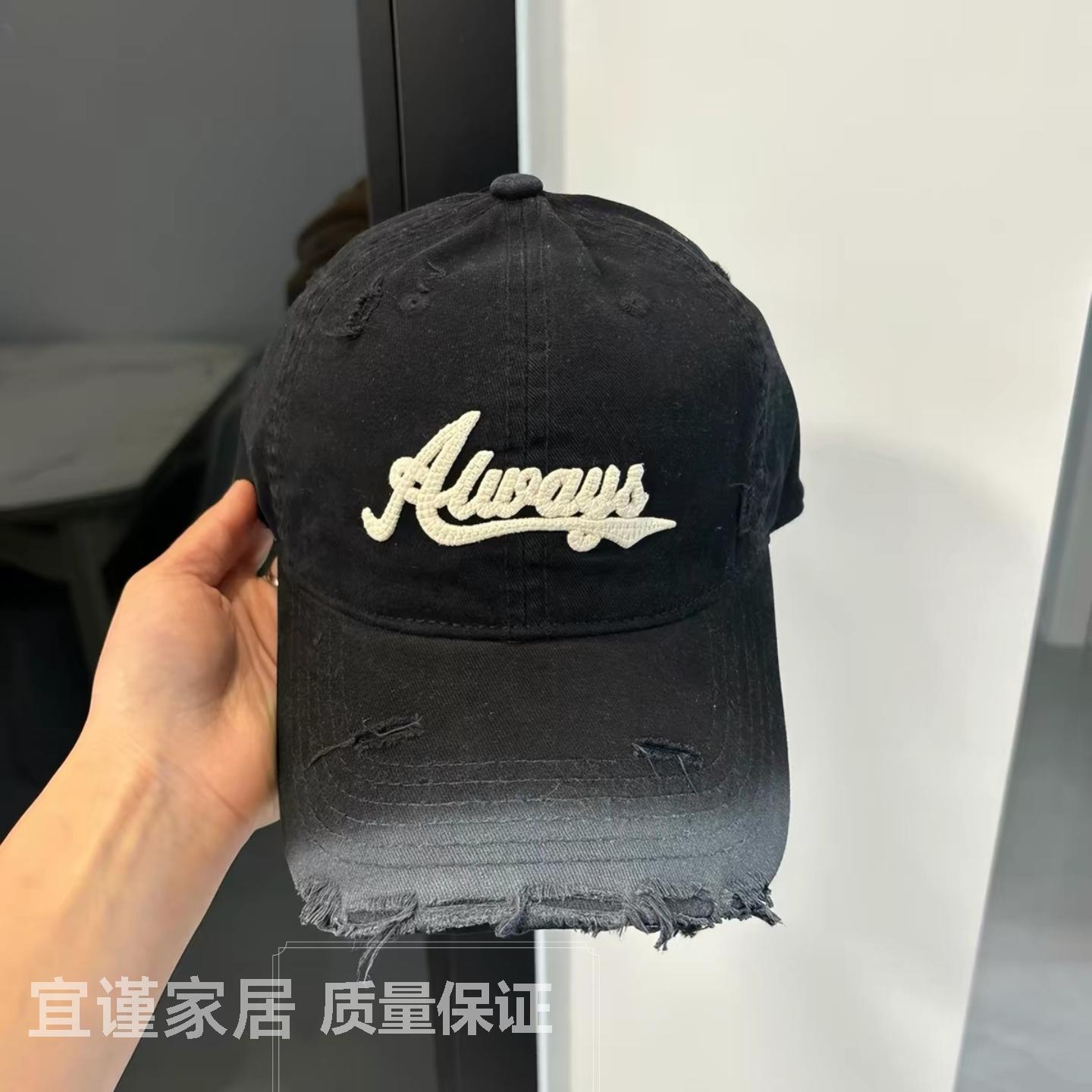 做旧酒红色棒球帽女美式复古大头围百搭鸭舌帽字母显脸小帽子