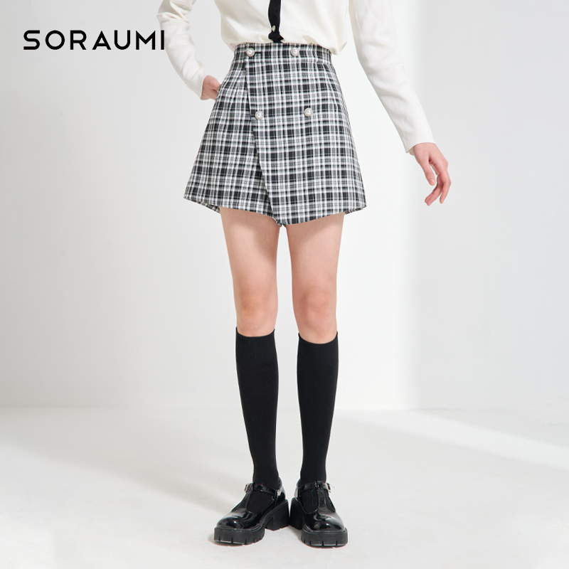 SORAUMI2022春季新款黑白格子a字裤裙显瘦遮胯假两件不规则短裙女