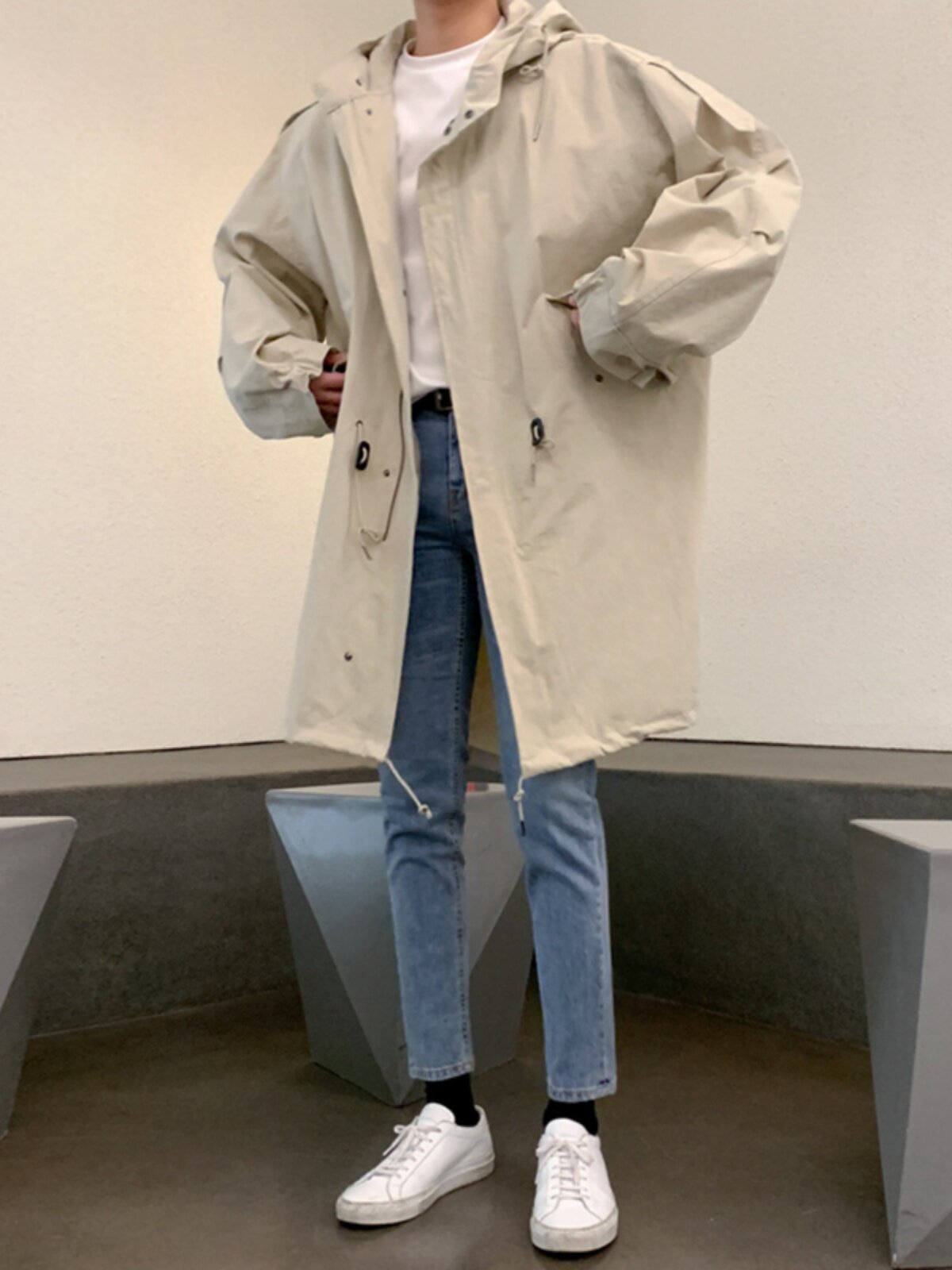 IT INS TRENDY KOREAN VERSION HOODED JACKET MENS AUTUMN AND WINTER JACKET FLEECE DRAWSTRING AND SLIT MIDI COAT