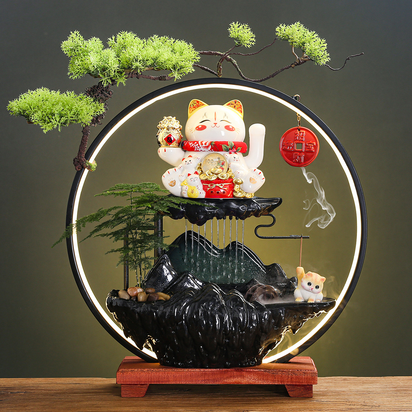 创意陶瓷招财猫中式流水生财摆件家居客厅装饰吧台开业乔迁送礼物