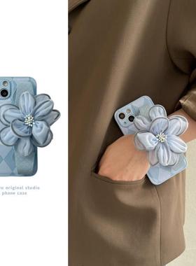 蓝色纱花腕带适用于华为p80pro手机壳新款mate60pro保护套p70斜挎mate40清新mate50pro可爱p30pro女款Pura70