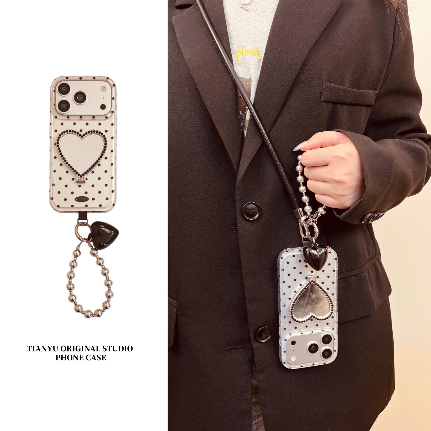 恬妤 日韩小众波点黑钻爱心镜子支架适用于iphone17prom