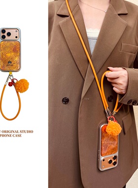 恬妤 可爱卡通橙色吉利猫适用于iphone17手机壳苹果15promax毛球挂件13复古17pro电镀14pro斜挎带挂绳16小众