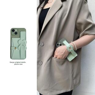 卡包腕带适用于苹果16promax手机壳iphone14pro保护套13清新13pro橄榄绿15promax高级感12女款 11pro创意xsmax