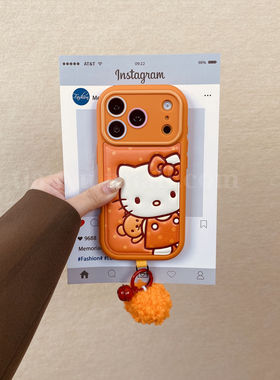 恬妤 韩系可爱橙色kt猫适用于iphone17proamx手机壳苹果15皮质16pro毛球挂件13韩系14pro全包防摔17斜挎15pro