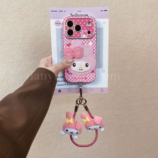 恬妤 少女心粉色格纹美乐帝公仔适用于iphone17手机壳苹果16pro甜美13皮质15promax斜挎14手挂绳17pro卡通15