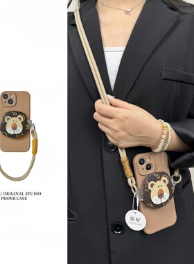 恬妤 复古狮子头像背夹式适用于iphone16promax手机壳苹果15prox小众16plus斜挎14pro背带13promax挂绳11潮12