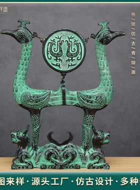古青铜器双凤鼓架博古架铜工艺品摆件虎座凤凰鼓婚庆影视道具厂