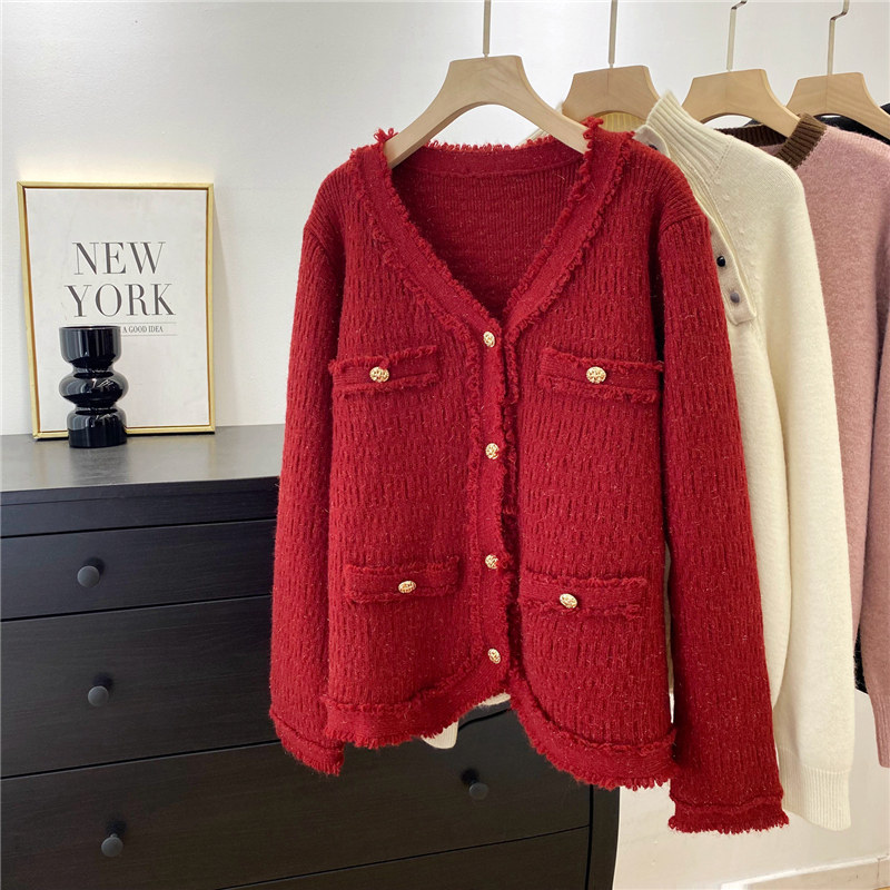 特大码300斤名媛小香风小金扣新年红洋气毛衣外套女胖MM针织开衫,女装/女士精品,毛针织衫,淘宝优惠券,粉丝福利购,淘宝优惠卷