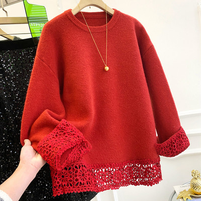 特大码300斤新年红色蕾丝针织衫