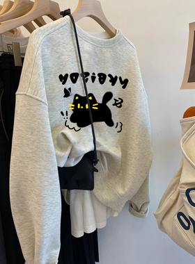 特大码300斤花灰色小猫咪印花可爱卡通圆领套头卫衣女胖MM上衣240