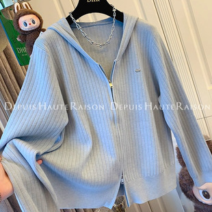 胖妹妹大码200斤时尚韩系双拉链连帽针织开衫女秋冬宽松毛衣外套