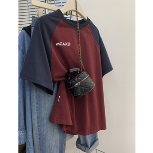 胖MM宽松大版 T恤女夏季 上衣 300斤小众设计撞色拼接圆领短袖 特大码