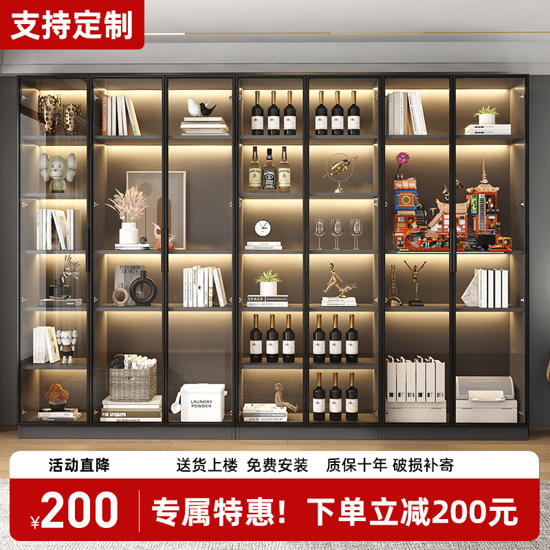 书架家用轻奢钢化玻璃门餐边茶水酒柜子简约现代小户型客厅展示柜