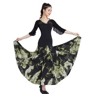 摩登舞裙女新款拉丁舞国标舞华尔兹交际舞中袖大摆裙练习表演服