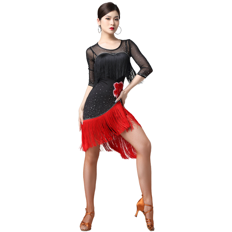 新款拉丁舞服装女成人表演练习服流苏拉丁舞裙团体大码演出服装