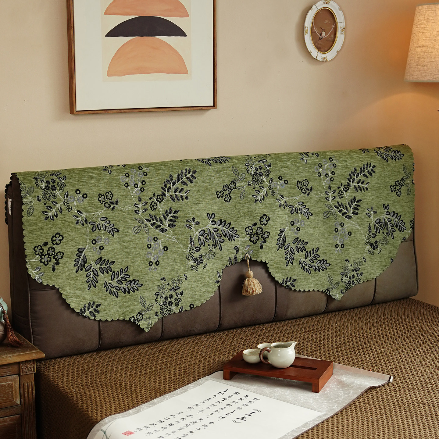 中古风轻奢床头盖巾四季通用布艺提花床头复古风防尘遮丑靠垫罩套