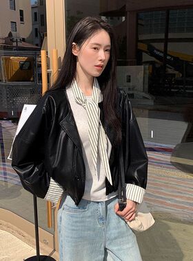 新款春季女装十三行皮衣52791MOXI拼接韩系外套条纹夹克