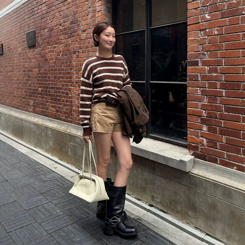 毛衣针织兔毛毛衣9.8羊毛12321新 美拉德上松落女肩 圆领条纹慵懒