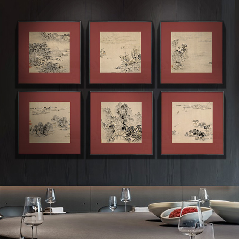 新中式酒店别墅大堂背景墙组合装饰画客厅茶室书房山水挂画玄关画