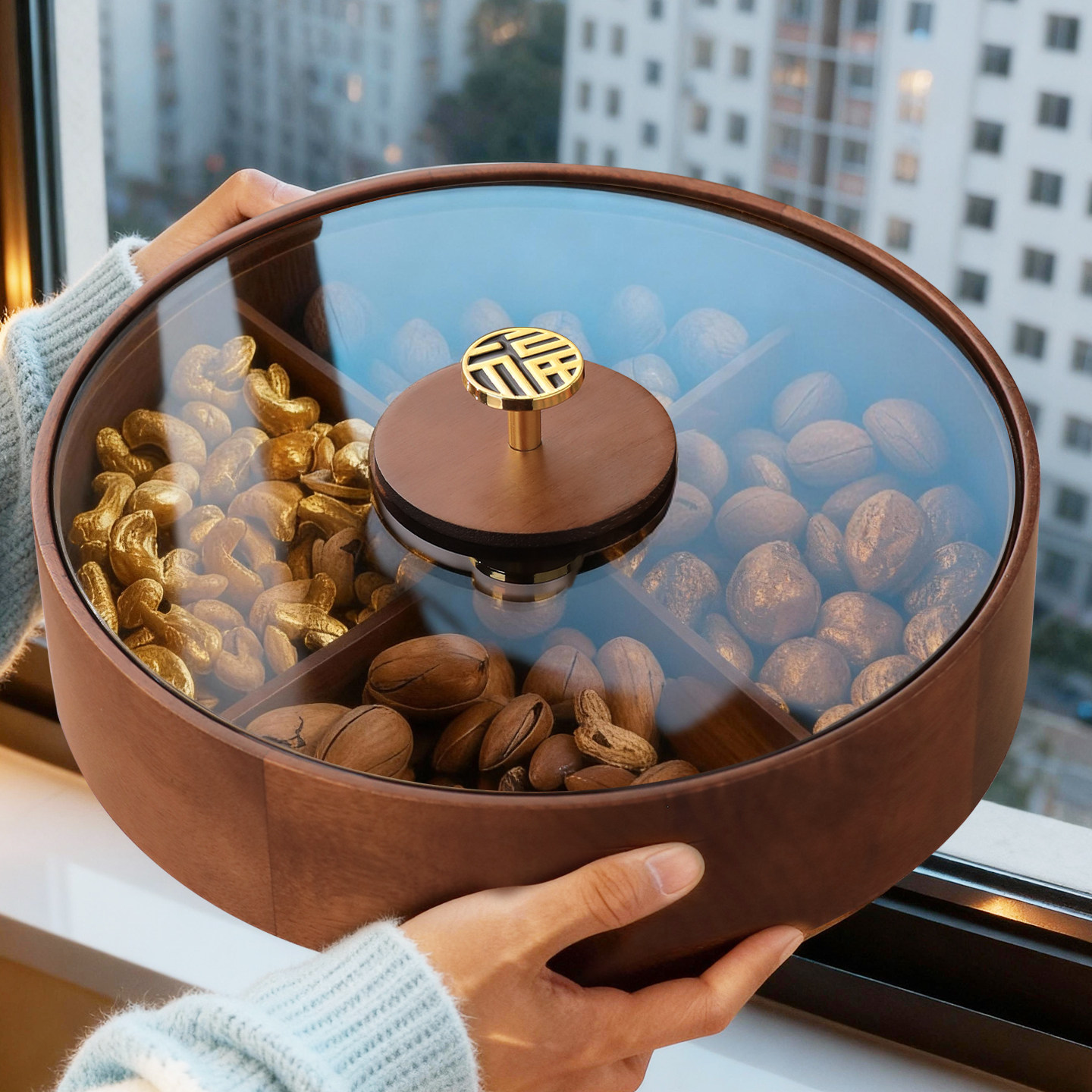 果盘家用客厅新年实木质干果坚果盘过年茶几零食瓜子带盖收纳盒子