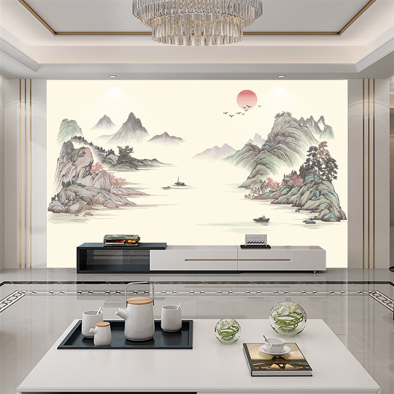 高端新中式独绣客p厅沙发电视刺绣背景墙布复古无缝壁布