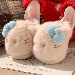 儿童棉拖鞋 秋冬卡通可爱毛绒保暖女孩猫咪蝴蝶结软底防滑轻便家居
