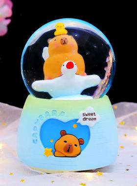 梦幻八音盒可爱水豚卡皮巴拉水晶球旋转飘雪音乐盒摆件礼品