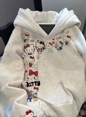 男女童kitty白灰色卫衣连帽加绒秋冬季2025中大童宽松上衣外套潮