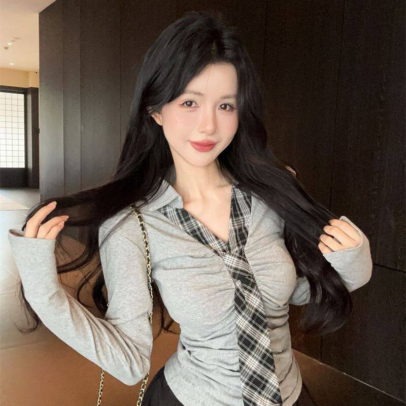 品牌断码韩系拼色格纹领带修身内搭长袖打底衫女春秋设计感纯欲辣