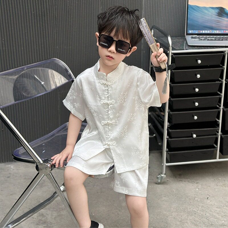 男童新中式汉服套装夏季儿童缎面冰丝唐装中国风宝宝周岁礼服夏装