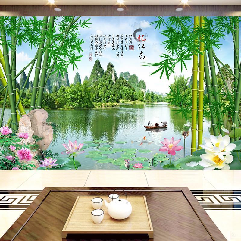 忆江南3d中式徽派山水风景墙壁贴沙发电视背景墙壁纸画客厅8d墙布