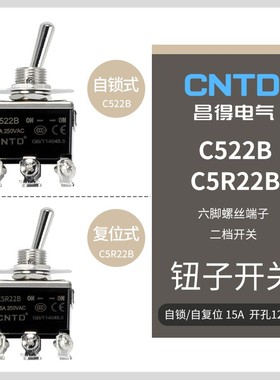 CNTD昌得钮子开关C522B 15A小型摇头拨动6脚2档电源摇头摇臂12mm