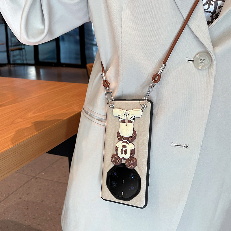 适用华为Mate80RS非凡大师手机壳斜挎米奇公仔蚕丝纹高级皮套新款奢华简约个性时尚超薄全包防摔保护套