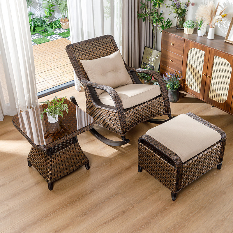 摇椅藤编躺椅阳台茶桌椅组合家用懒人沙发可躺可睡老人午休逍遥椅