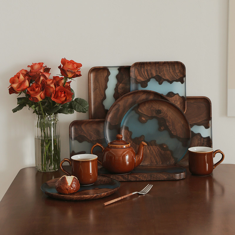 黑胡桃木盘茶壶托盘高级感创意圆方形水果盘面包糕点家用树脂餐盘