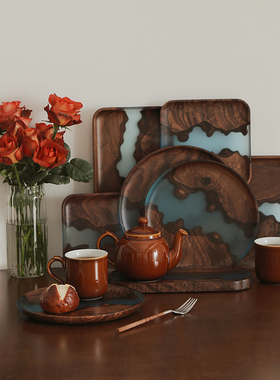 黑胡桃木盘茶壶托盘高级感创意圆方形水果盘面包糕点家用树脂餐盘