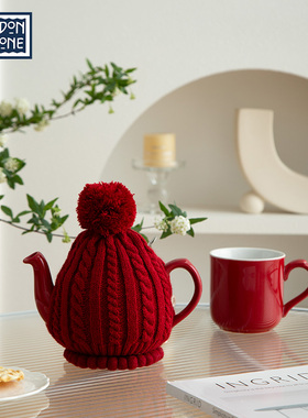 LondonPottery红色茶壶毛线壶套腈纶针连体壶套衣套子可翻盖ins